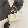 White woven bucket bag with knot handle and long shoulder strap for women - White