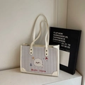 Stijlvolle blauw-wit gestreepte canvas tote bag met zeehondenprint en witte leren hengsels - Wit