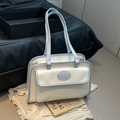Borsa sottobraccio vintage crema con bordo blu e tasca con patta in stile minimalista - Bianco