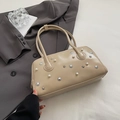 Beige PU leather underarm bag with pearl and silver star rivets for women - Khaki