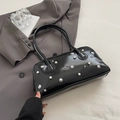 Retro black patent leather handbag with pearl and star stud accents for women - Black