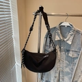 Borsa a tracolla nera a mezzaluna con tracolla in corda a righe bianche e nere alla moda - Nero (Senza Ciondolo)