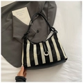 Knitted large tote bag with black and white vertical stripes and leather knot strap - Black