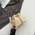 Chic beige bucket bag with lace bow, pearl charms and silver chain strap - Yellow