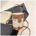 Fashionable cream and brown textured bucket bag with metal ball zipper and leather strap - Brown