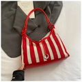 Red and white vertical striped woven tote bag with silver ring and leather straps - Red