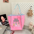 Rosa-blaue Tote Bag mit Cartoon-Stickerei und Happy Everyday Schriftzug für Damen - Rosa