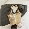 Beige pleated PU leather bucket bag with lace bow and pearl heart charm accessory - Yellow