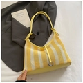 Yellow and white striped mesh tote bag with leather bottom and decorative knots - Yellow