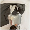 Silver metallic bucket bag with pleated texture and pearl heart charm accessory - Silver
