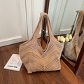 Handmade woven tote bag with yellow wave pattern and beige openwork crochet design - Khaki With Yellow