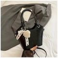 Fashionable black glossy wrinkled leather bucket bag with pearl heart charm and lace ribbon - Black