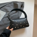 Retro black leather underarm bag featuring silver studs and litchi texture finish - Black