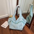 Light blue knit tote bag with green wavy lines and large capacity for beach vacations - Green