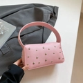 Pink rivet handbag in lychee grain PU leather with silver studs and wide handle - Pink