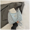 Light blue quilted shoulder bag with silver star rhinestone and chain strap detail - Blue
