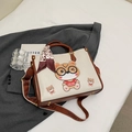 Cream tote bag with cartoon bear print, brown handles, and stylish leopard silk scarf - Off-white and Coffee