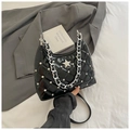 Quilted black shiny crescent hobo bag with rhinestone star and silver chain strap - Black