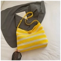 Detail of yellow and white striped knit tote with wooden toggle closure and leather strap - Yellow
