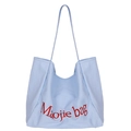 Borsa tote in tela celeste con ricamo di lettere rosse e design ad alta capacità - Blu