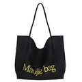 Sac cabas en toile noire avec broderie dorée et longues bandoulières pour femme - Noir