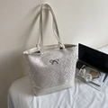 Chic beige tote bag with intricate embroidery and a delicate black bow decoration - Rice White (No Pendant)