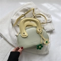 Petit sac à main vert clair en demi-cercle avec poignées jaunes et fleurs déco - Vert