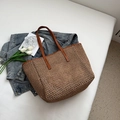 Braune Stroh-Tragetasche mit Kunstledergriffen für den Sommer-Strandurlaub - Ohne Anhänger / Khaki