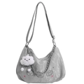 Sac hobo gris en similicuir plissé avec imprimé ours et charm nuage en peluche - Gris (Avec Pendentif Nuage)