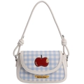Borsa a tracolla a quadretti blu con ricamo a mela e dettaglio scritta elegante - Bianco