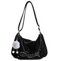 Black textured shoulder bag with puppy print, silver chain, and plush pendant charm - Black (With Cloud Pendant)