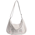 Chic cream white pleated shoulder bag with cute cartoon puppy print and metal chain - White