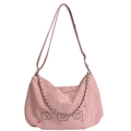 Pink textured underarm bag with cute bear print and decorative silver metal chain strap - Pink