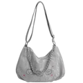 Gray soft leather shoulder bag with cartoon bear prints and silver metal chain detail - Gray