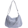 Chic light purple shoulder bag with cute puppy prints and decorative silver chain strap - Blue