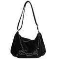 Black ruched shoulder bag with puppy print and silver chain detail for summer - Black