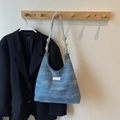 Blue denim tote bag with sequins and silver twisted knot shoulder strap for women - Denim Blue Without Pendant