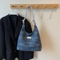 Denim blue tote bag with silver rhinestones and woven rope shoulder strap - Royal Blue without Pendant
