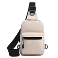 Detail of beige canvas crossbody chest bag featuring a front zipper pocket and black strap - Khaki