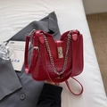 Fashionable red crocodile pattern crossbody bag with silver lock and metal chain strap - Burgundy
