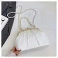 Pochette da sera bianca a pieghe con strass luccicanti e manici di perle eleganti - Bianco