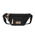Détail d'un sac banane en nylon imperméable avec logo et tirettes en cuir marron - Noir