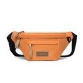 Detail view of bright orange crossbody bag with adjustable strap and brand logo - Orange