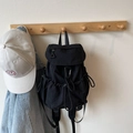 Minimalist black nylon drawstring backpack with metal carabiner and side pockets - Black