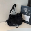 Minimalist black drawstring nylon crossbody bag with white YOU JI BEAR text details - Black
