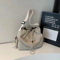Khaki drawstring crossbody bag in textured nylon with Young Bear print and wide strap - Off-white