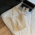 Bolso tote de tejido blanco crema con lazo de encaje para vacaciones de verano - Blanco Roto