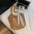 Bolso de playa de ganchillo marrón con lazo de encaje blanco y gran capacidad de verano - Caqui