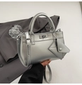 Silver metallic crossbody handbag with dual handles and mini triangle charm accessory - Silver No Pendant