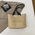 Sac fourre-tout en paille beige avec texte TOTE BAG noir et anses nouées - Noir